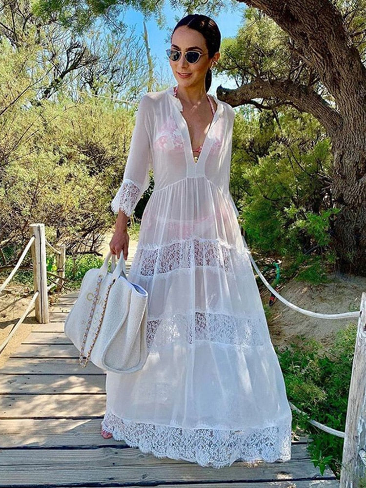 White Knitted Beach Cover up dress Tunic Long Pareos Bikinis Cover ups Swim Cover up Robe Plage Beachwear LXF8435W1