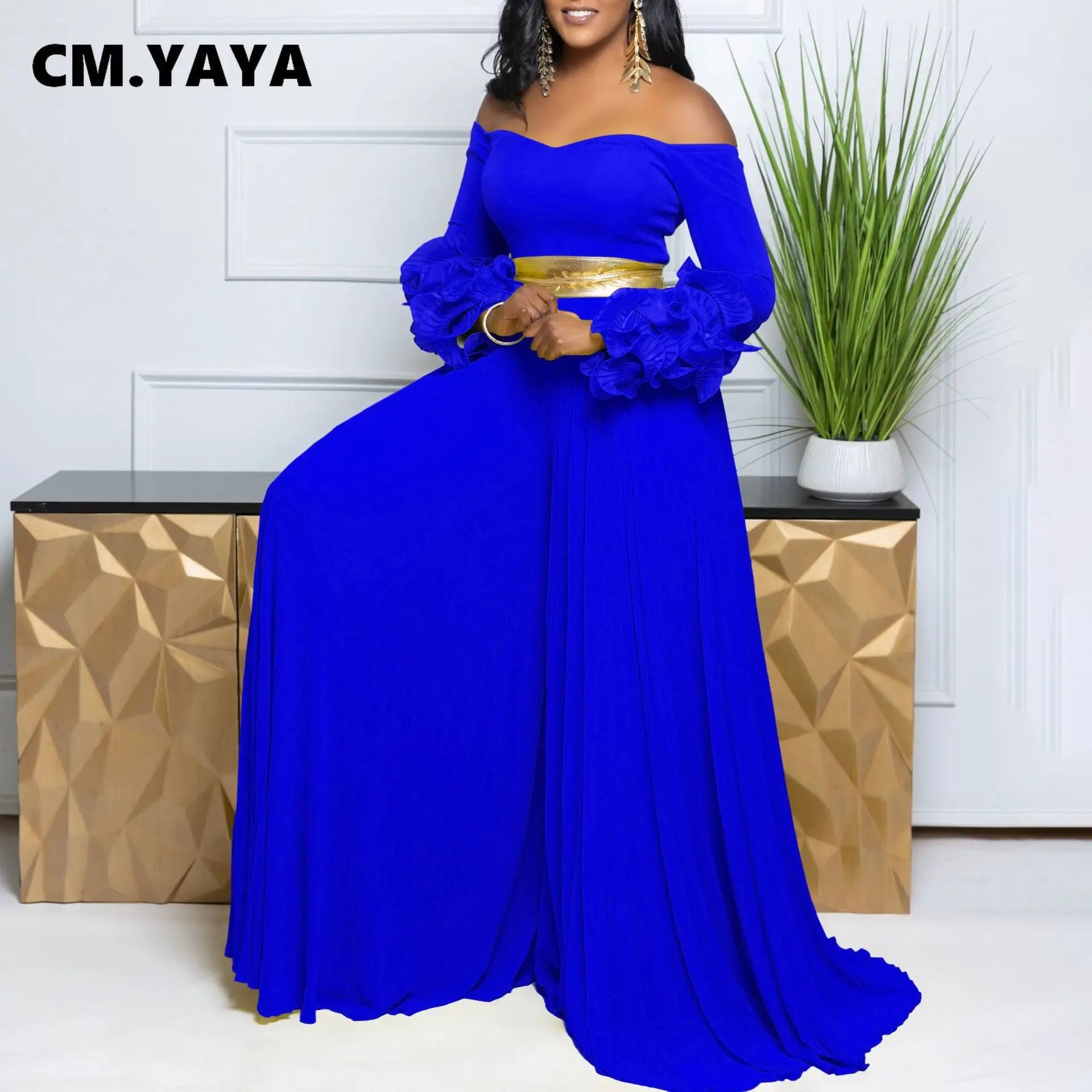 Women Long Ruffles Sleeve Pleated Slash Neck Wide Leg Long Jumpsuits Party Beach belt Street Sexy Africa Outfit Rompers
