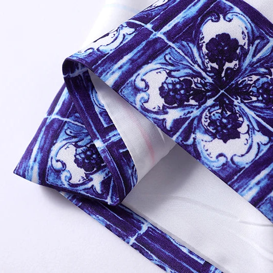 Runway Summer Short Dress Women's O-Neck Sleeveless Yellow Blue And White Porcelain Flower Print Holiday Tank Mini Vestidos