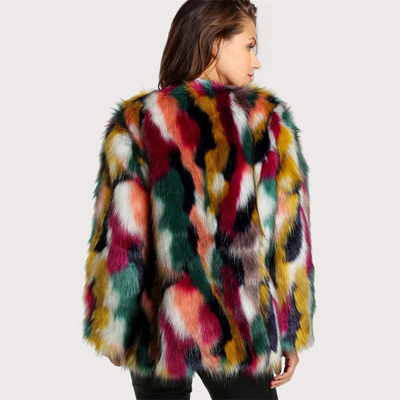 Colorful Fur Jacket Fake Fur Long Sleeve Collarless Casual Women's Winter Coat OL Commute Style Artificial Fur Outerwear