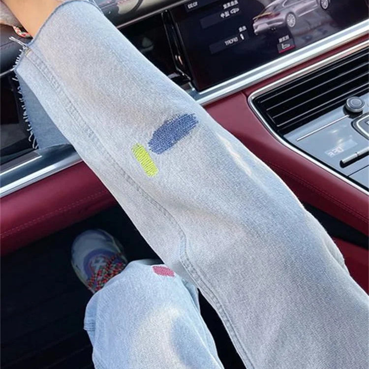 Light Blue Embroidered Jeans Women Summer Thin Chubby Girl High Waist Loose Slimming Straight Rouge Cropped Pants Stitching 2024