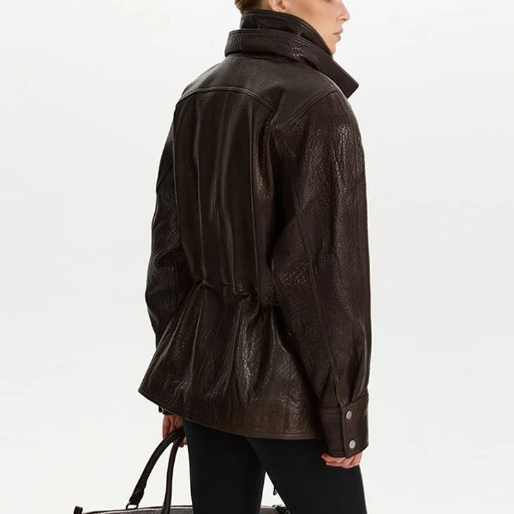 2025 Women Faux Leather Jacket Zipper Stand Collar Long Sleeve Loose Coat Fashion Autumn Winter Lady Thick Warm Outwear