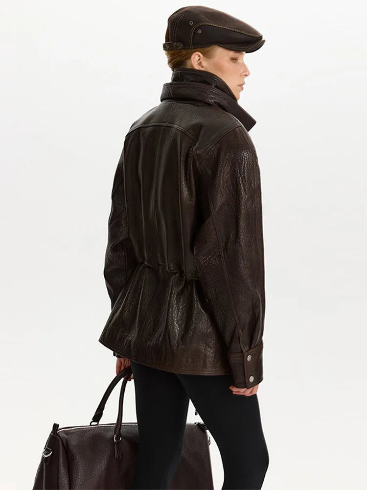 2025 Women Faux Leather Jacket Zipper Stand Collar Long Sleeve Loose Coat Fashion Autumn Winter Lady Thick Warm Outwear