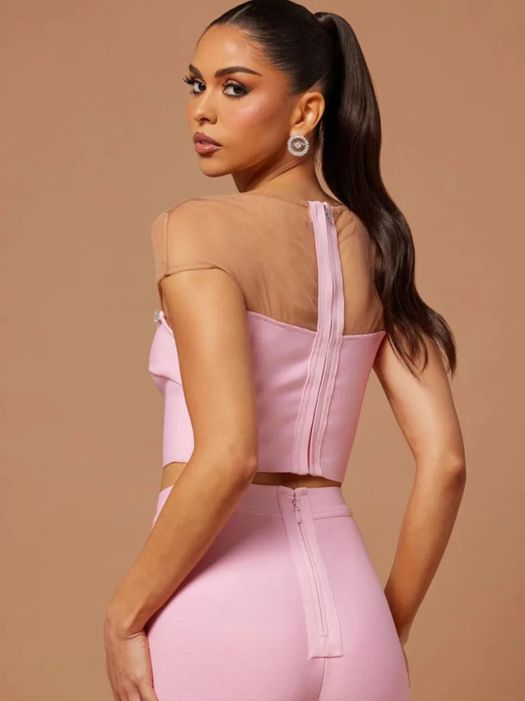 Women Luxury Sexy Mesh Crystal Beading Pink Two Piece Pants Bandage Set 2023 Celebrity Designer Fashion Women's Set