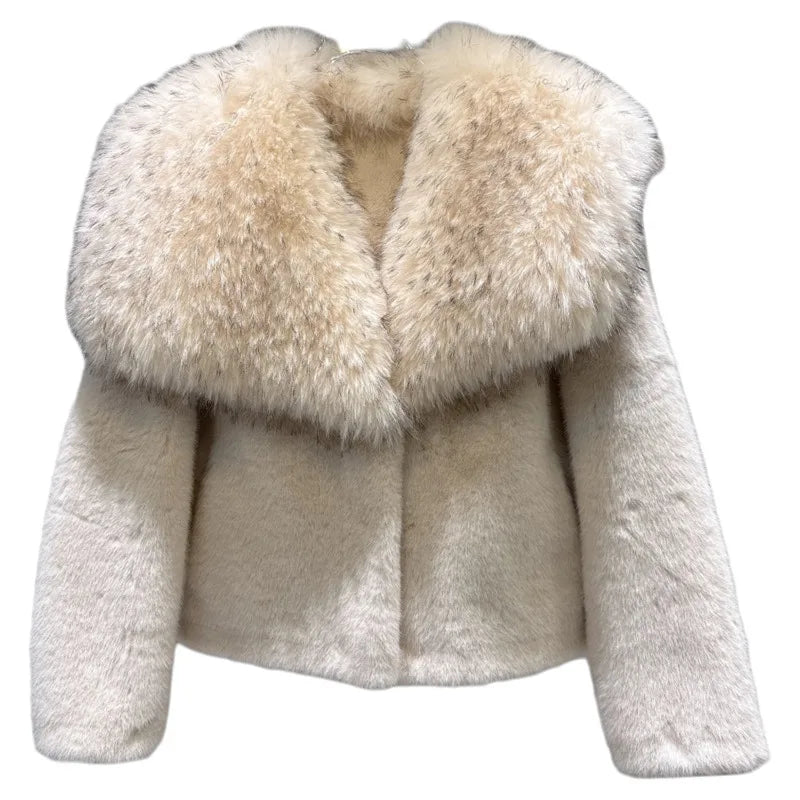 Winter New Fashion Big Fur Collar Faux Fur Short Coat For Women Versatile High Quality Thicken Jacket Female 11A07809