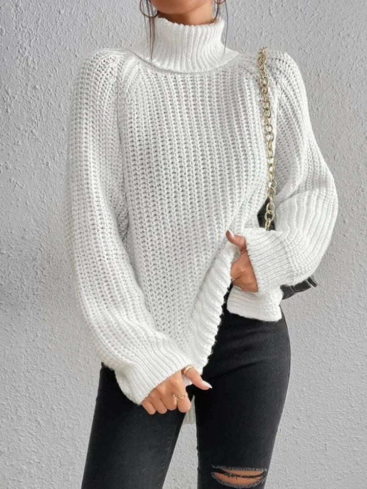 Women Winter Turtleneck Loose Sweater Elegant Drop Sleeve Side Split Pullover Vintage Harajuku Chic Jumpers Oversized knit Tops White