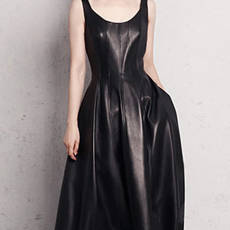 Spring Fit and Flare Soft Faux Leather Dress Elegant Luxury Red Maxi Dresses for Women 2022 long Retro Fashion Clothes Black