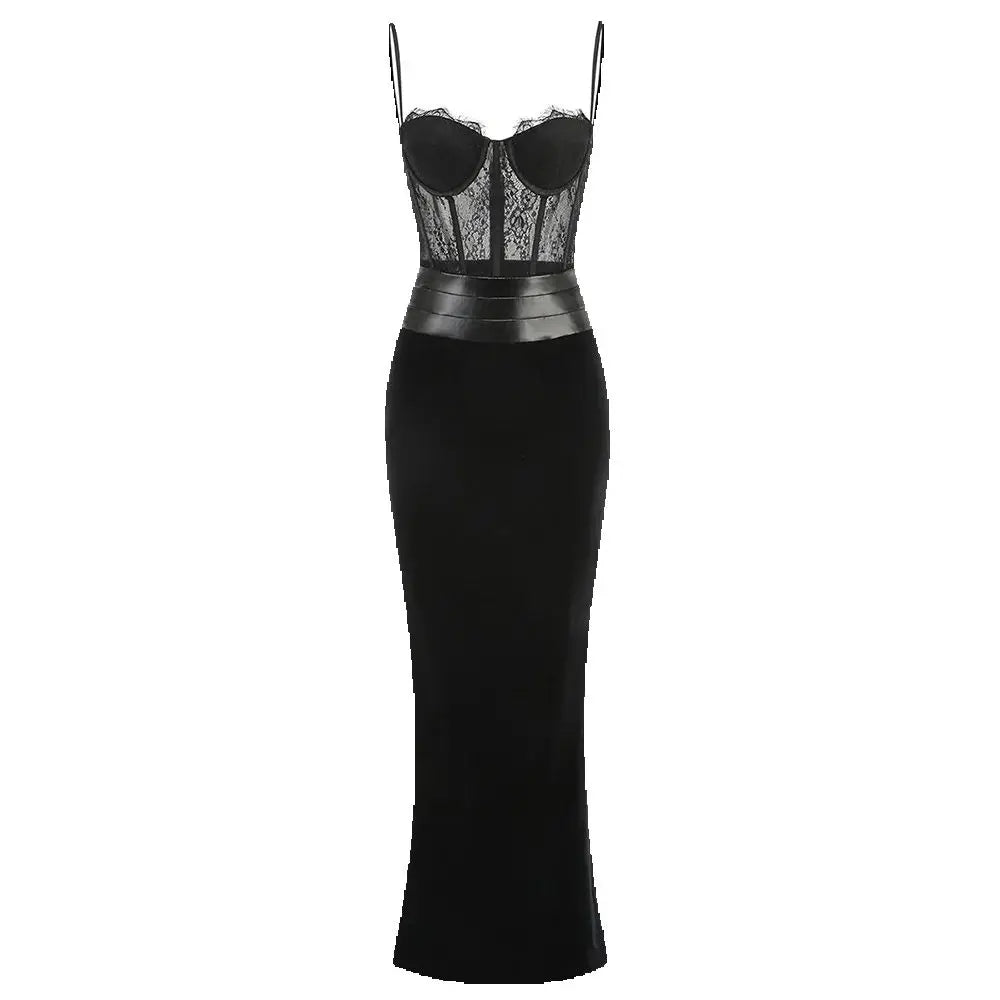 Women'S Sling Velvet Long Dress Sexy See Through Lace Slim Fishbone Dress Elegant Celebrity Evening Party Gowns black