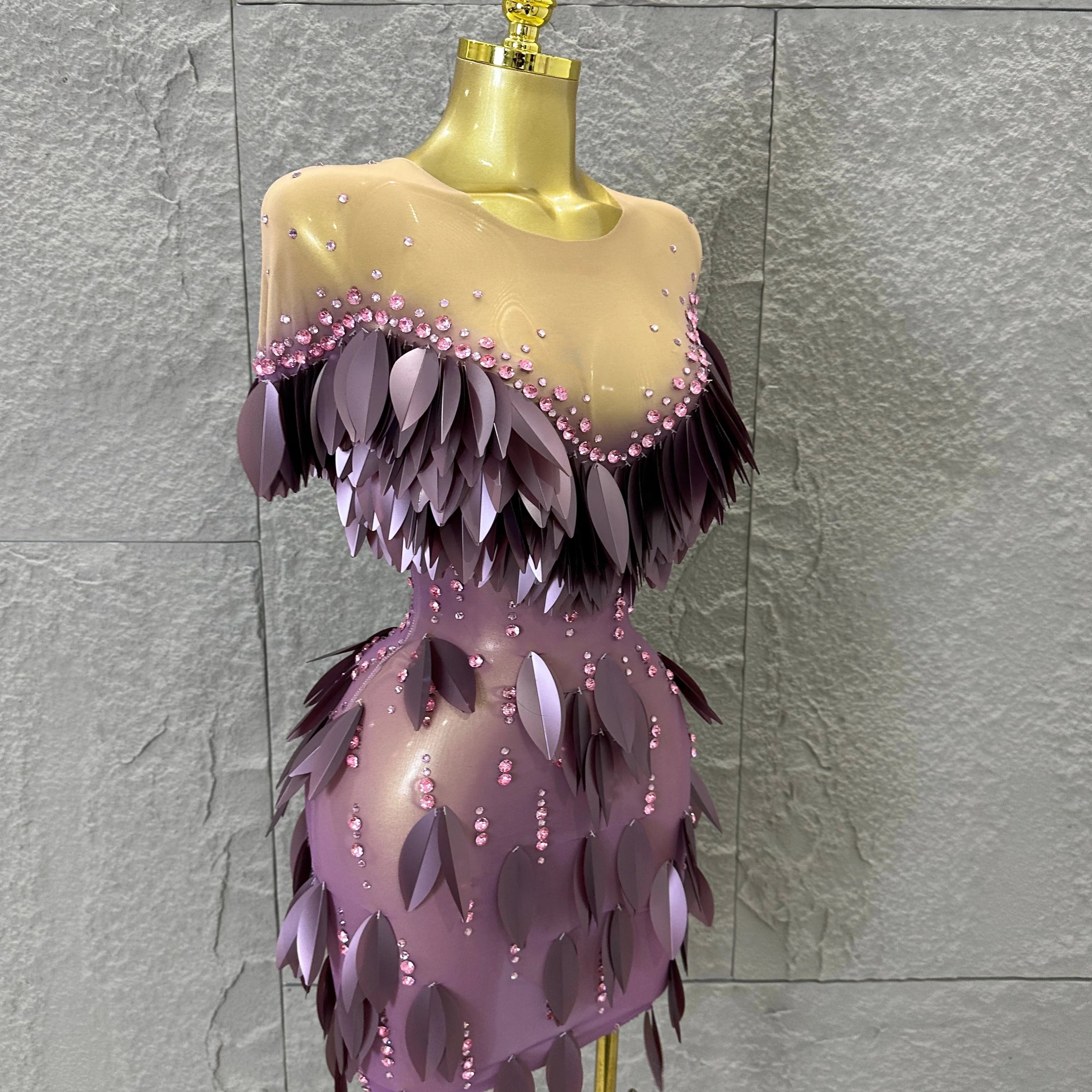 Sparkly 2026 Purple Sheer Mesh Dress Women Sexy Illusion Neck Rhinestone 3D Leaf Fringe Bodycon Evening Gala Nightclub Outfit