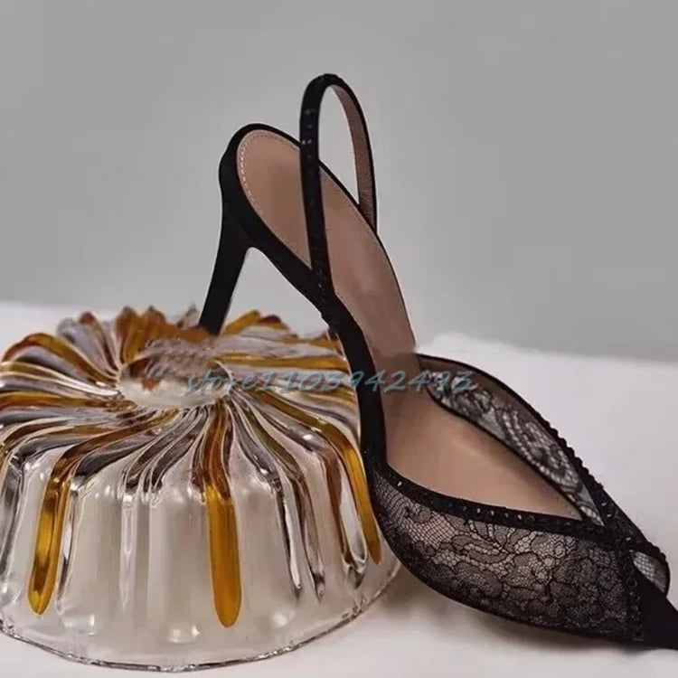 Blue Lace Rhinestone Women Sandals Pointed Toe Stiletto Embroidered High Heel Back Strap New Slip On Pull On Narrow Band Shoes