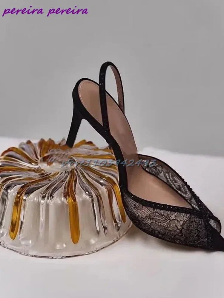 Blue Lace Rhinestone Women Sandals Pointed Toe Stiletto Embroidered High Heel Back Strap New Slip On Pull On Narrow Band Shoes