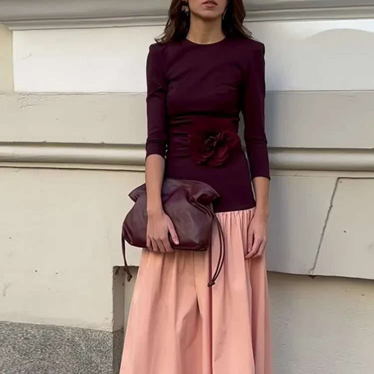 Elegant Round Collar Long Sleeve Slim Robe Women Contrast Spliced Pleated Hem Long Dress New Lady Fashion Evening Party Dresses Picture 2