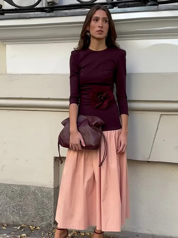 Elegant Round Collar Long Sleeve Slim Robe Women Contrast Spliced Pleated Hem Long Dress New Lady Fashion Evening Party Dresses Picture 2