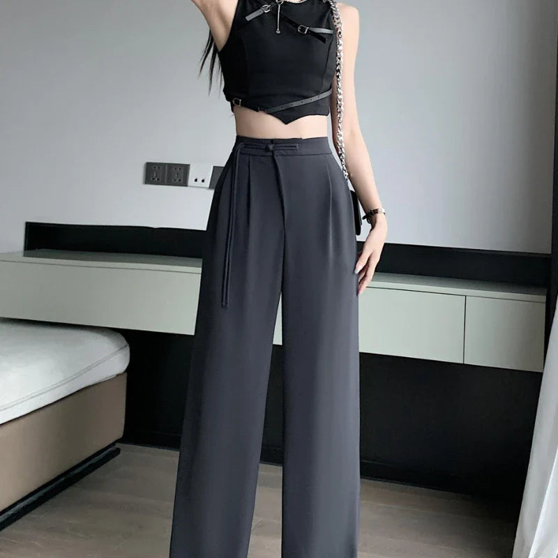 Seoulish High Waist White Suit Wide Leg Women‘s Full Pants Spring Summer Female Elegant Minimalism Straight Loose Trousers 2024 Gray(longer) XS