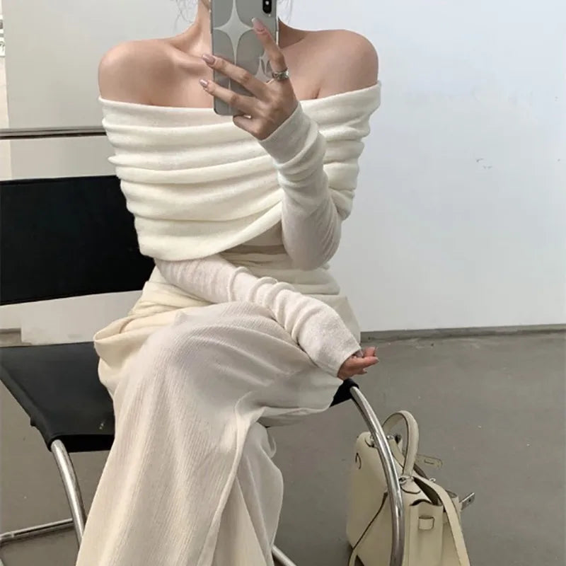 Women Off Shoulder Slash Neck Sweater Long Sleeve Knitwear Solid Thin Pullovers Office Lady Elegant Tops Women Fall Winter