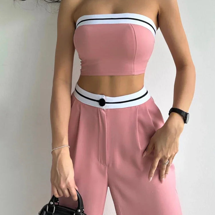 Black Women's Tracksuit with Boob Tube Top Slash Neck Contrast Color Wide Leg Trousers Suit for Women Sexy Two Piece Set Outfit Pink