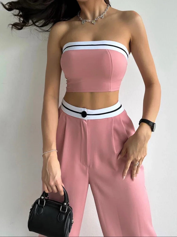 Black Women's Tracksuit with Boob Tube Top Slash Neck Contrast Color Wide Leg Trousers Suit for Women Sexy Two Piece Set Outfit Pink
