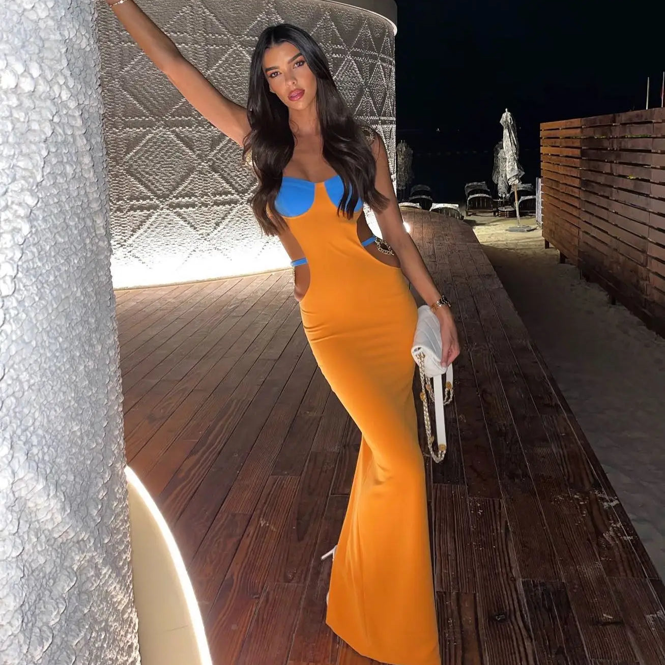 Factory Wholesale Women's Multi-Color Spaghetti Strap Hollow Sexy Boutique Celebrity Cocktail Party Bandage Long Dress Orange