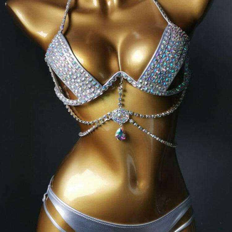 Swimwear Bikini Sets Swimsuit 2024 Summer Beach Shiny Crystal Rhinestone Padded Push Up Bikinis Set Outfits For Women Silver 3