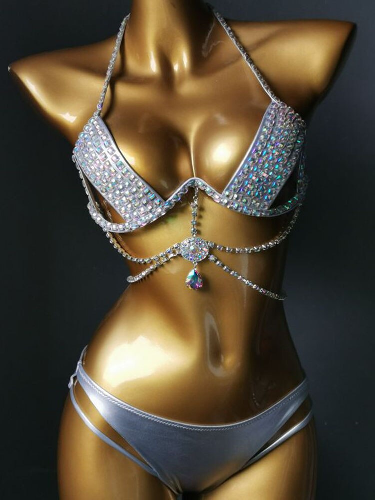 Swimwear Bikini Sets Swimsuit 2024 Summer Beach Shiny Crystal Rhinestone Padded Push Up Bikinis Set Outfits For Women Silver 3