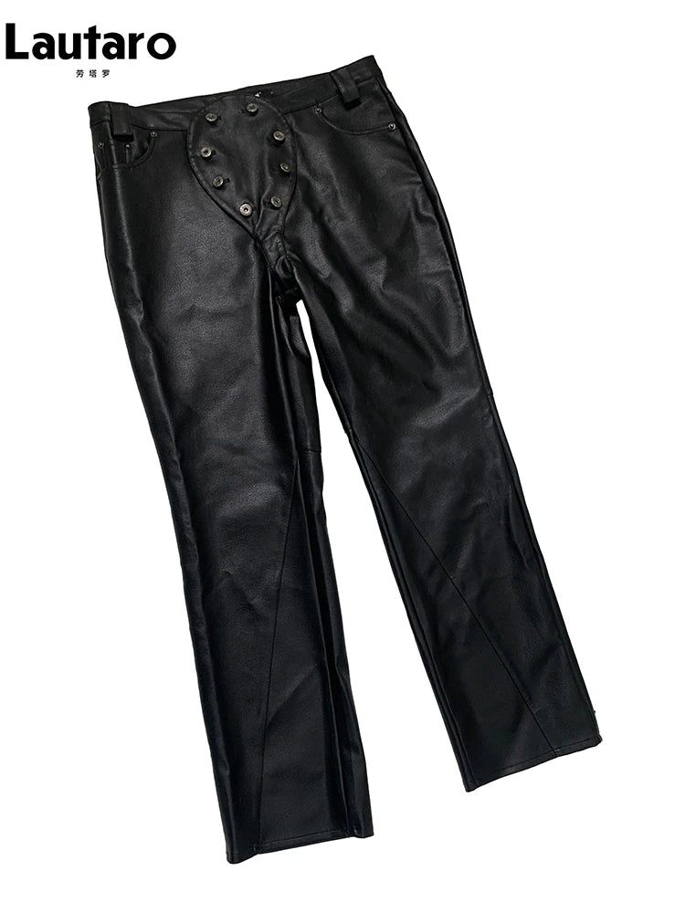 Lautaro Autumn Cool Long Waterproof Black Faux Leather Pants Men Rivet Luxury Mens Designer Punk Style Clothes European Fashion