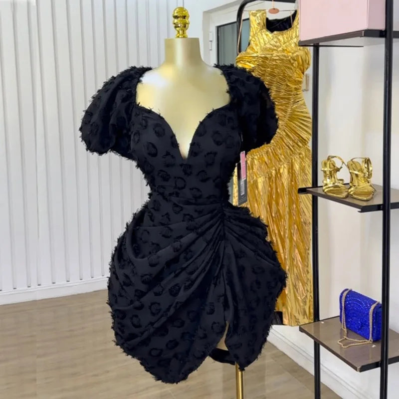 Summer Women Lantern Short Sleeve Side Split Ruched Midi Mini Dress 2025 Fashion Sexy Night Club Party Dresses Vestidos Black