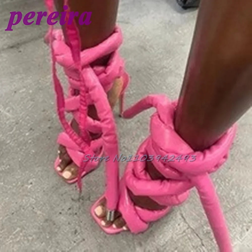 Silver Gladiator Heels Square Toe Ankle Strap Heeled Sandals Roman Style Stiletto Designer Women Shoes Summer Sandalias De Mujer Rose red
