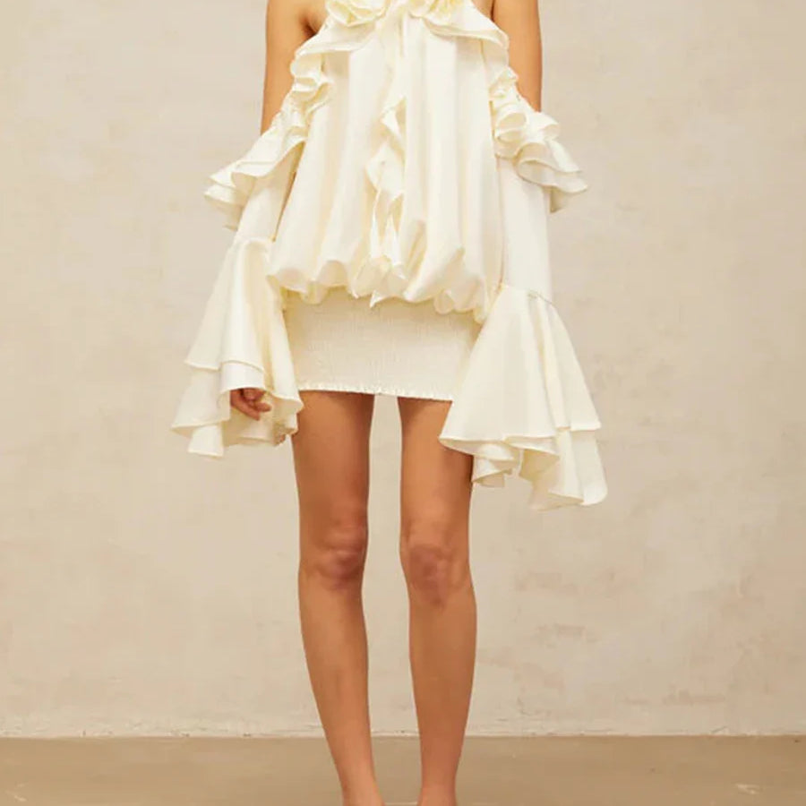 Solid Loose Spliced 3D Flower Dresses for Women Halter Neck Sleeveless Patchwork Fungus Mini Dress Female Clothing APRICOT