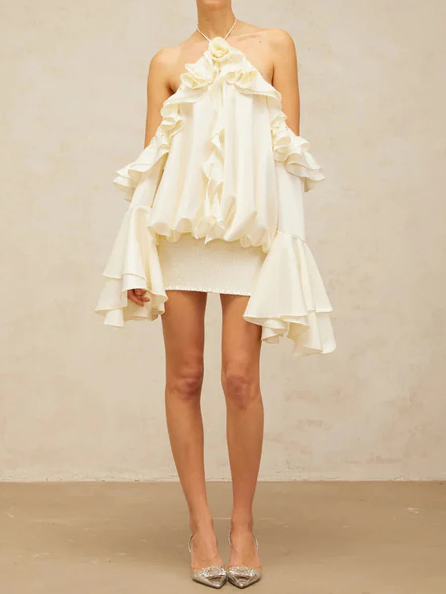 Solid Loose Spliced 3D Flower Dresses for Women Halter Neck Sleeveless Patchwork Fungus Mini Dress Female Clothing APRICOT