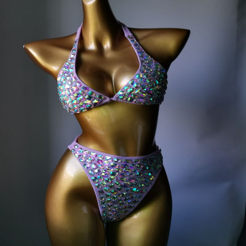 Push Up Gathered Sexy Women's Swimsuit Luxury Rhinestone Crystal Diamond Bikini High Waist Halter Straps Swimwear Lavender