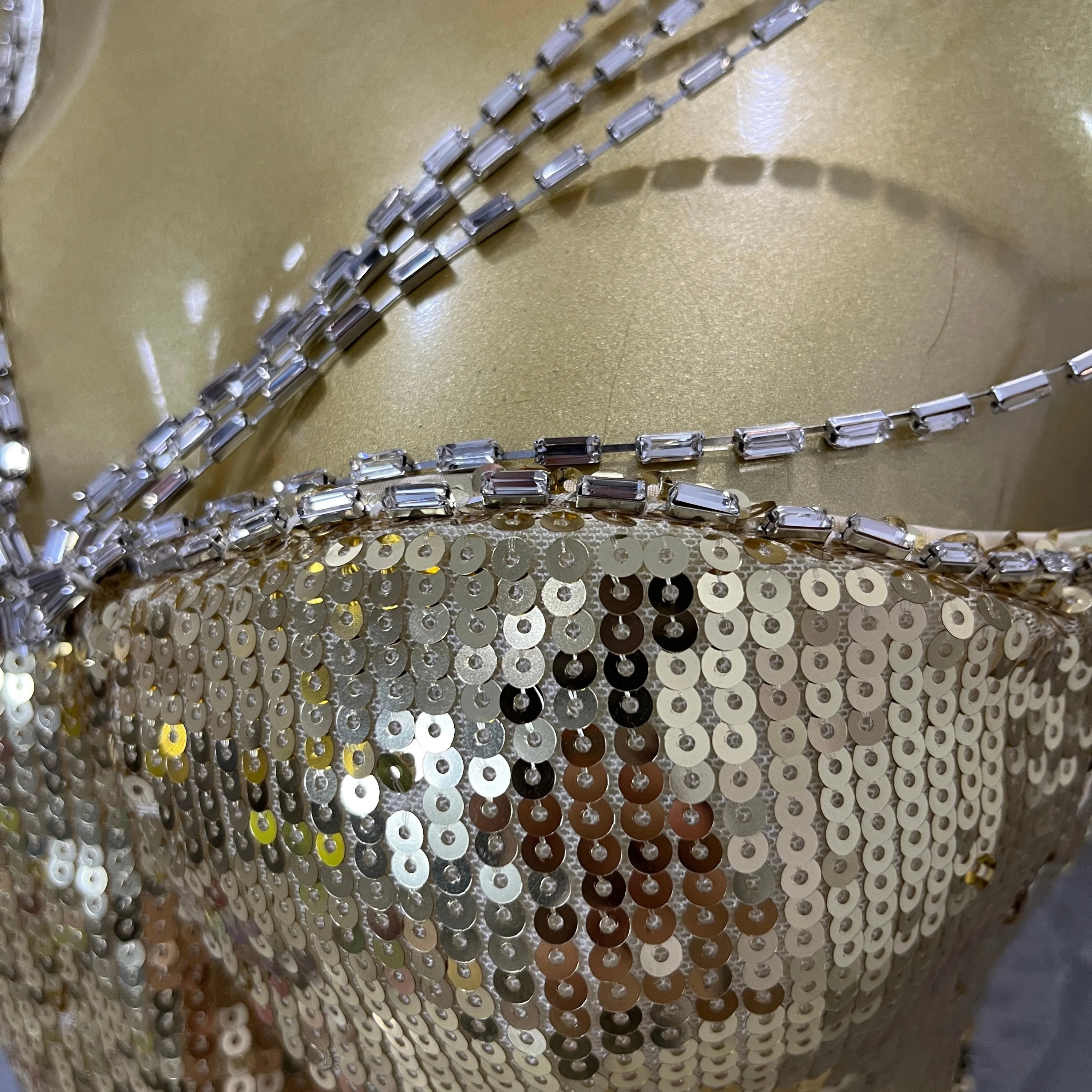 Classic Gold Sequin Mermaid Dress Rhinestone Chain Shoulder Straps Sweetheart Neck Formal Evening Gala Photoshoot Cocktail Party