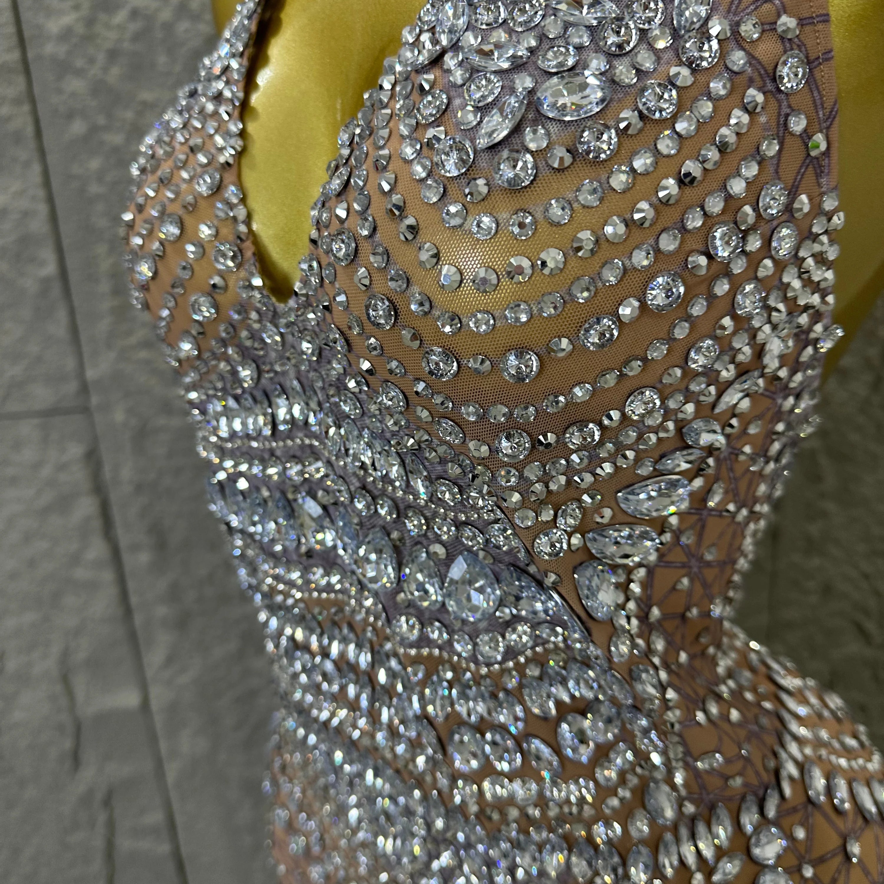 Women Evening Birthday Party Dancer Sexy Nightclub Luxurious Sparkly Crystal Diamonds Print See Through Stretch Mesh Dress