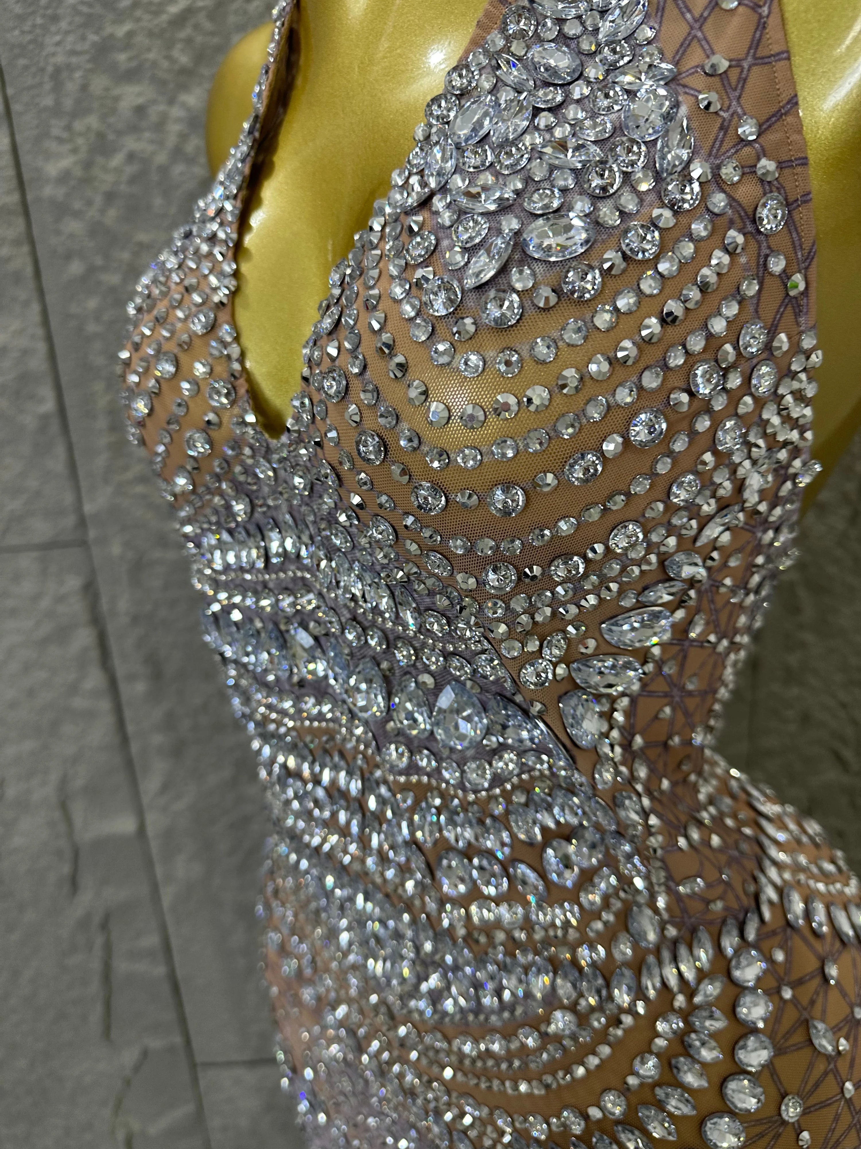 Women Evening Birthday Party Dancer Sexy Nightclub Luxurious Sparkly Crystal Diamonds Print See Through Stretch Mesh Dress