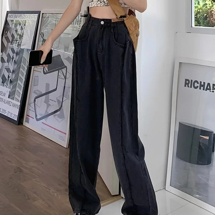 American Retro High Waist Straight Pockets Jeans Hip-hop Pants Spring Women's Grunge Streetwear Casual Y2K Denim Trouser black