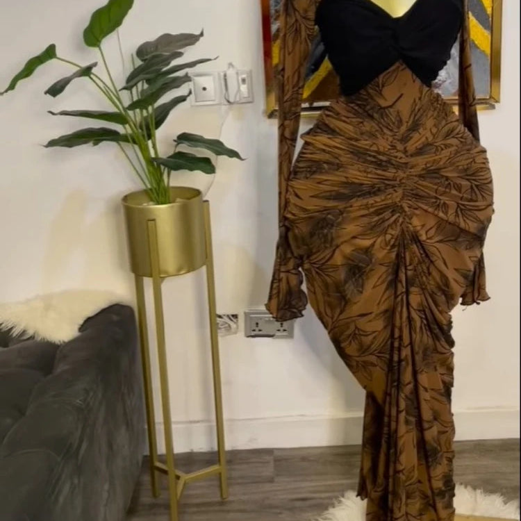 Women Leaf Printed Stacked Ruched Draped V-neck Maxi Long Bodycon Dress 2025 Holiday Birthday Club Party Evening Dresses as picture