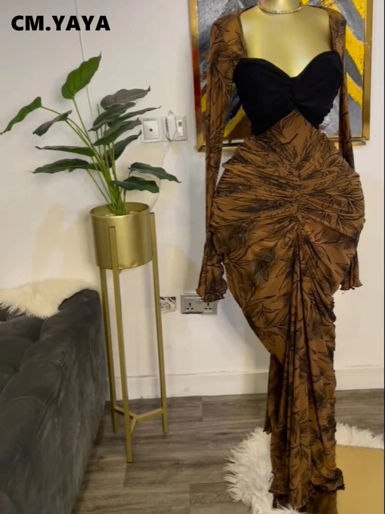 Women Leaf Printed Stacked Ruched Draped V-neck Maxi Long Bodycon Dress 2025 Holiday Birthday Club Party Evening Dresses as picture