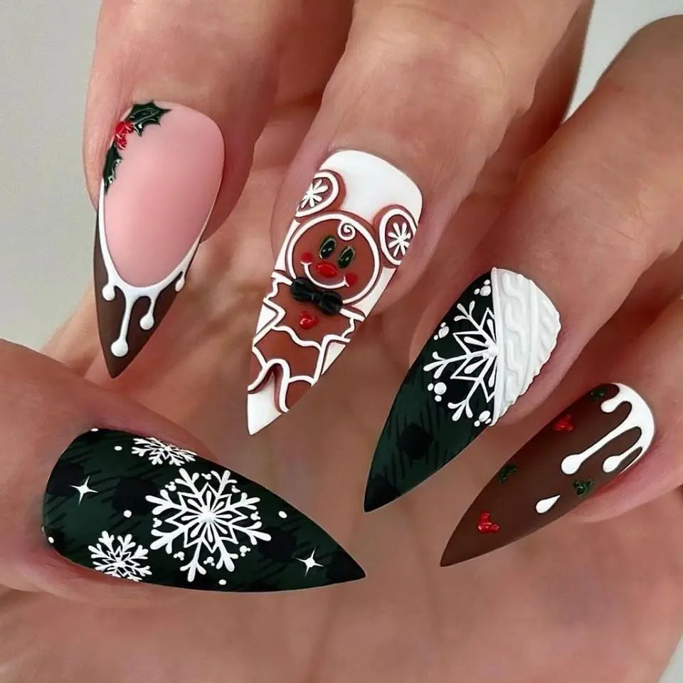 2025 New Christmas Fake Nail Tips Wearable Almond False Nails with Snowflake Flower Print European Xmas New Year Press on Nails 5