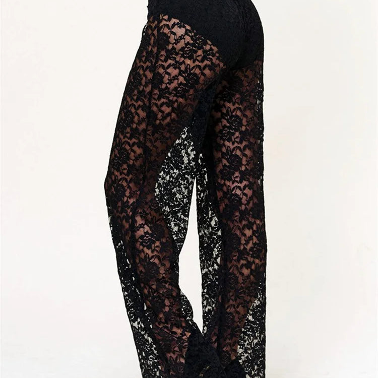 Women’s Sheer Lace Pants High Waist Wide Leg Flare Pants Bell-Bottoms Club Beach Sexy Trousers Streetwear