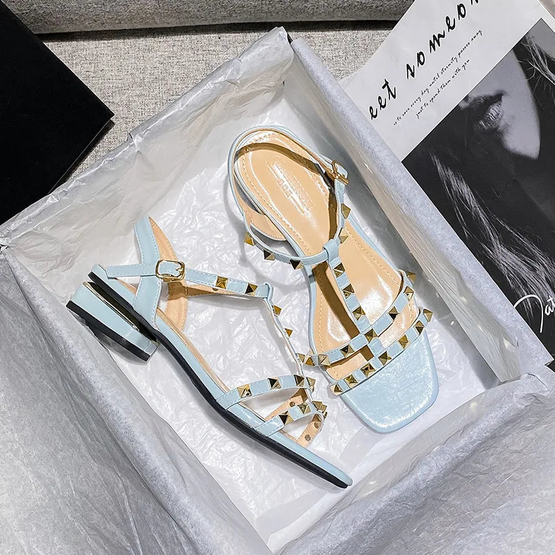 2023 Summer low heel women rivets sandals thin ribbon fashion Korean design girls shoes large size wear slippers free delivery SKY BLUE