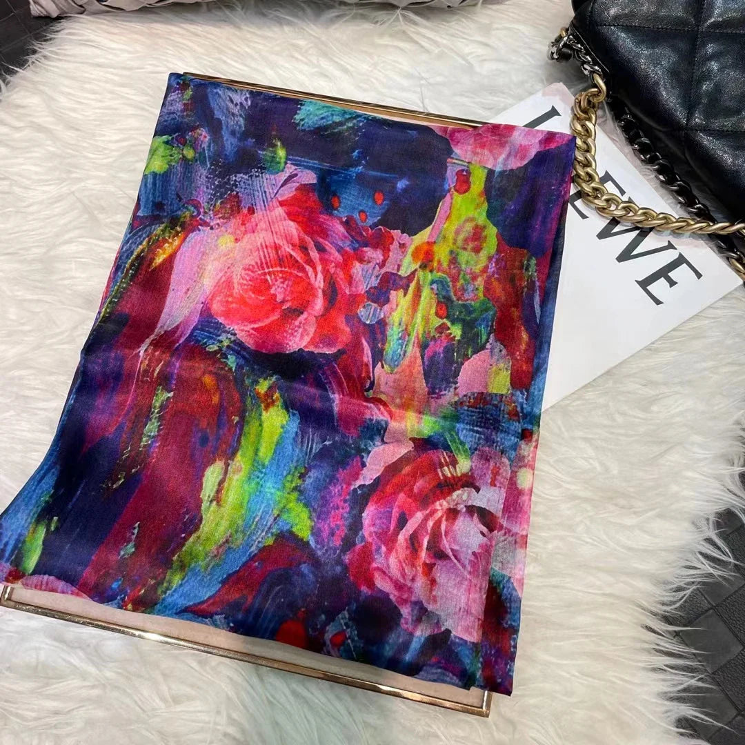 100% Mulberry Silk Scarf Shawl Brand Plum Bossom Design Blue Green Summer Beach Silk Shawls Scarfs Fall Winter Neck Head Scarf blue pink