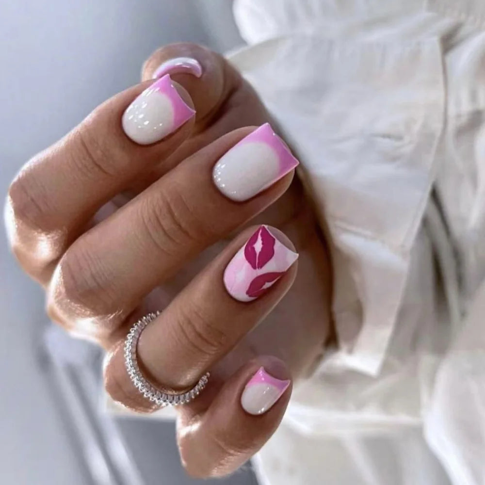 24pcs Flower Full Cover Nail with Pearl Design Mid-length Ballet False Nails Press on Square Fake Nail Tip Wearable Manicure Set DJ-115