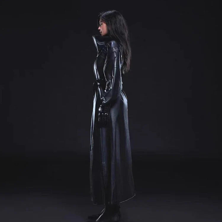 Autumn Extra Long Oversized Pu Leather Trench Coat for Women with Double Side High Slit Luxury Designer Runway Fashion