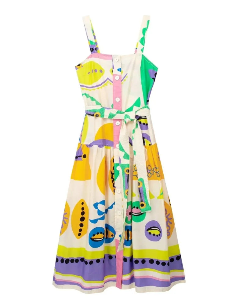 Print Square Neck Sling Midi Dress Women Single Breasted Belt Decoration A-line Dresses Summer Female Chic Beach Party vestido printed