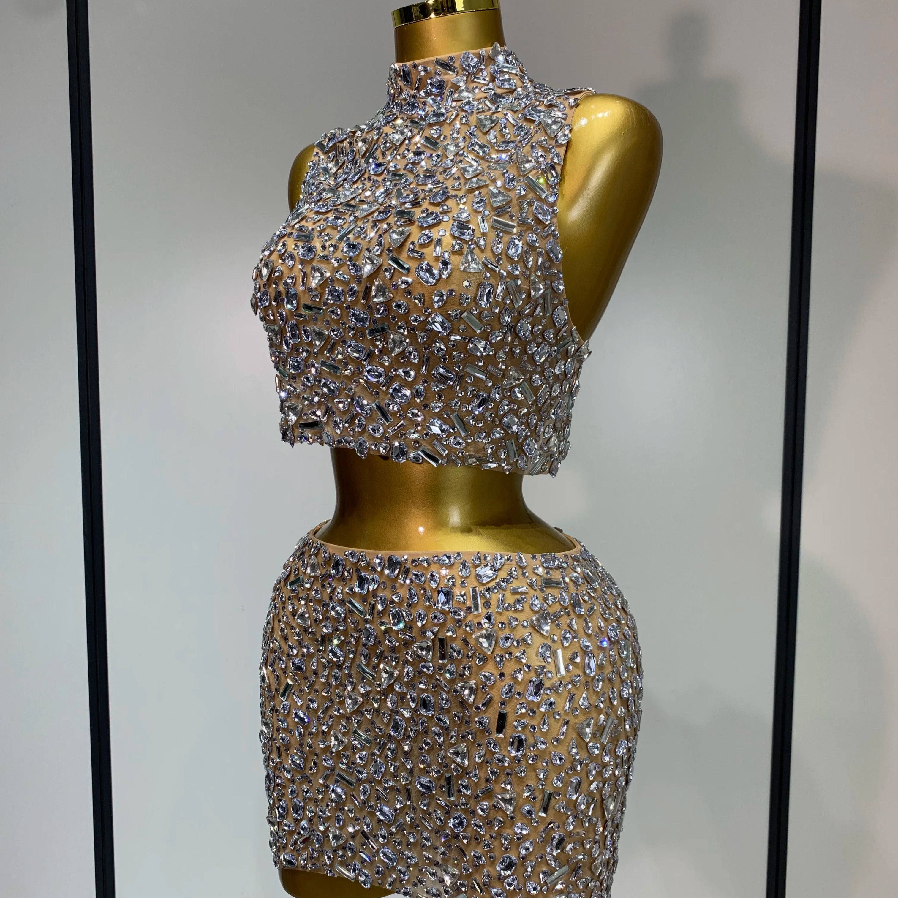 Sparkling Rhinestone Sexy See Through Blackless Top Skirt Two Pieces Set Woman Luxury Birthday Evening Party Gowns