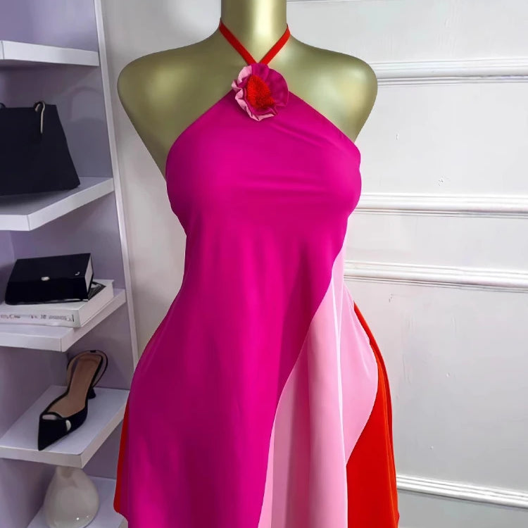 CM.YAYA Women Colorblock Halter Neck Backless Floral Applique A-line Mini Dress 2025 Summer Vacation Birthday Sexy Party Dresses