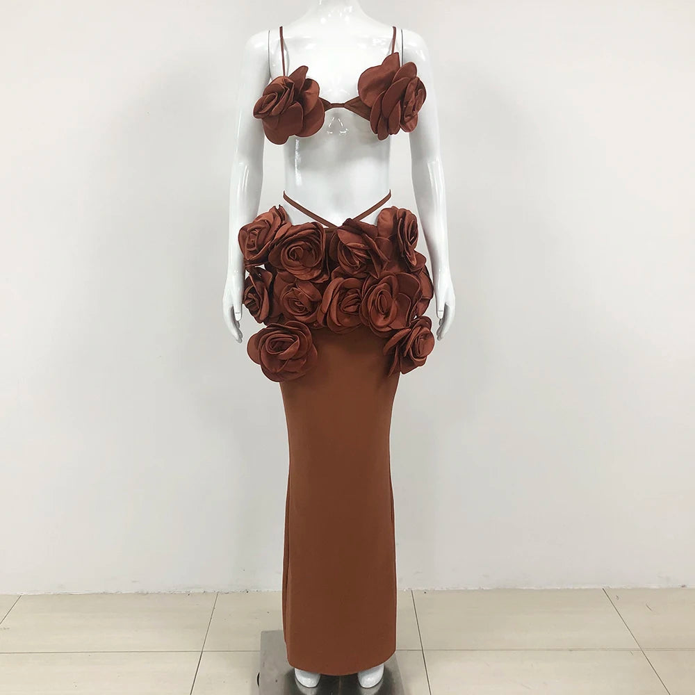 Brown Color Women Sexy Strap Florals Bandage Tops 2 Pieces Bodycon Long Dress Nightclub Party Celebrate Photo Shoot Wear