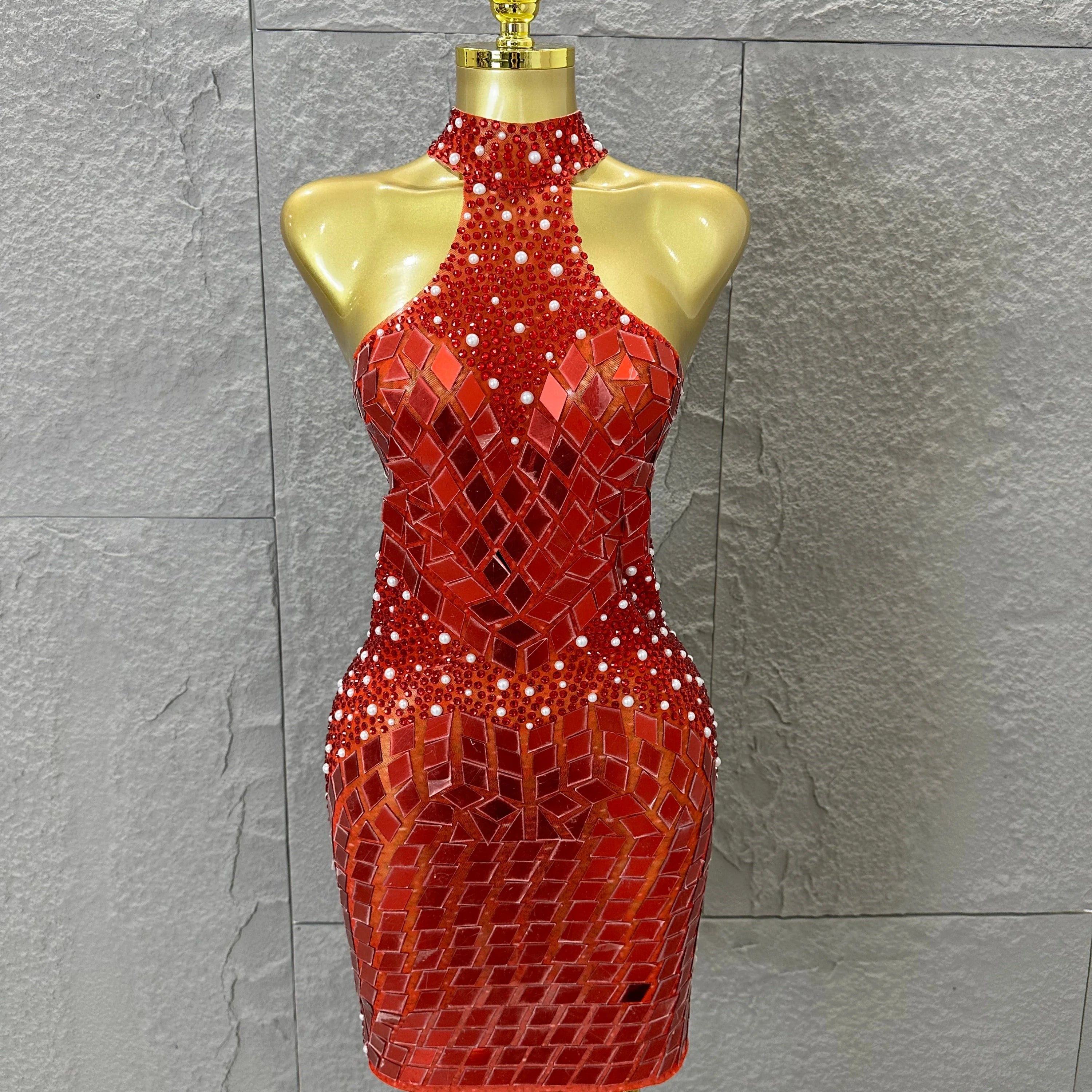 Luxury Gold Halter Neck Mini Dress Diamond Mirror Pearl Beaded Bodycon Nightclub Party Clubwear Outfit