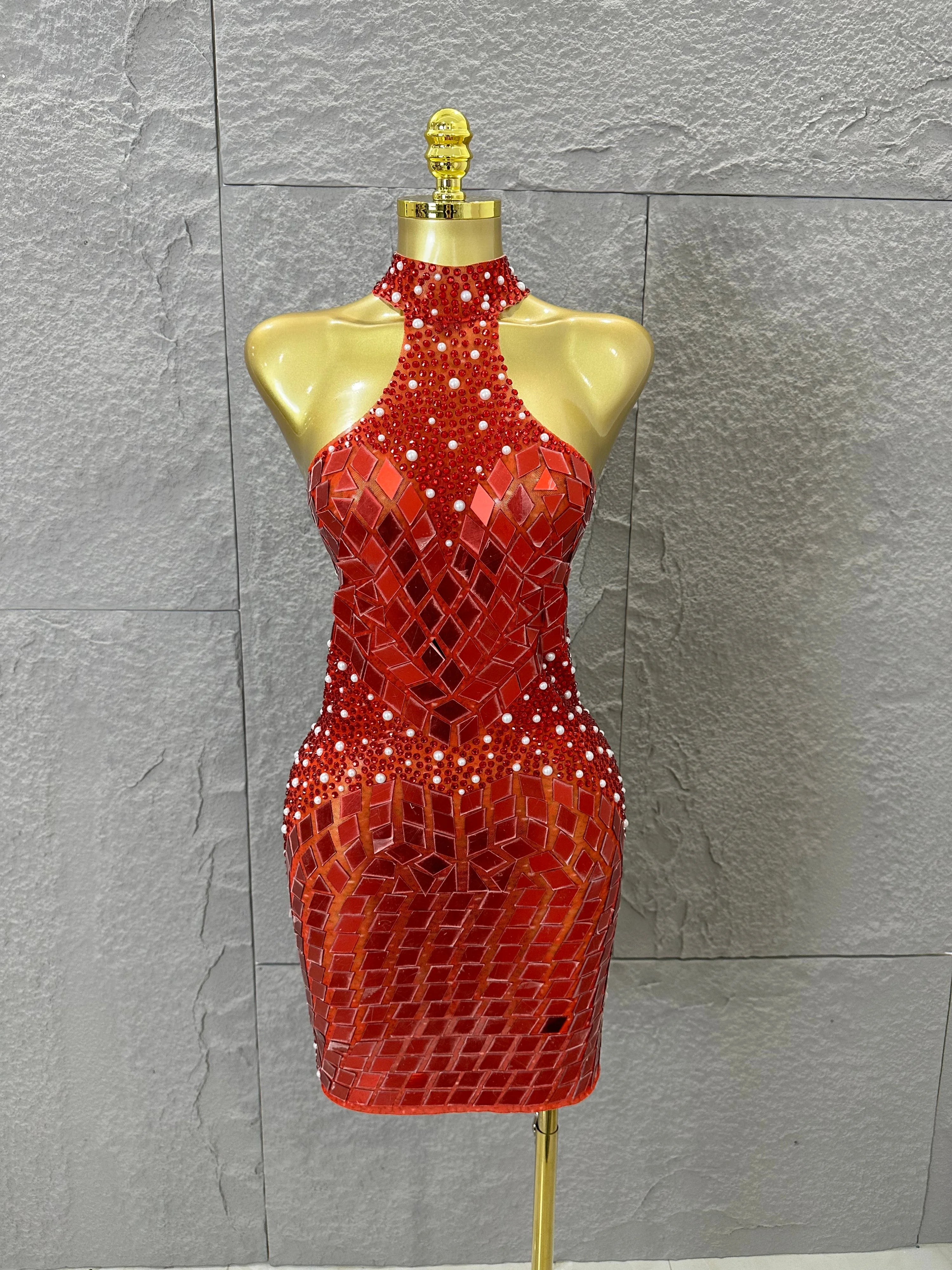 Luxury Gold Halter Neck Mini Dress Diamond Mirror Pearl Beaded Bodycon Nightclub Party Clubwear Outfit
