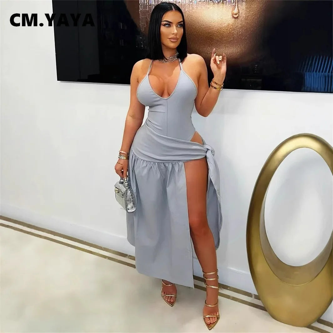 CM.YAYA Summer Women Halter Sleeveless V-Neck Tie Up High Side Split High Waist A-Line Dress Night Club Party Dresses Vestidos