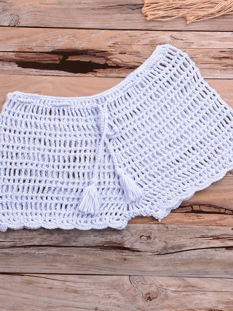 Crochet Hollow Out Tassel Beach Cover Up Sexy Women Mini Tops Beachwear Bikini Swimwear Bathing Suit Cover Up Light Blue Bottom One Size
